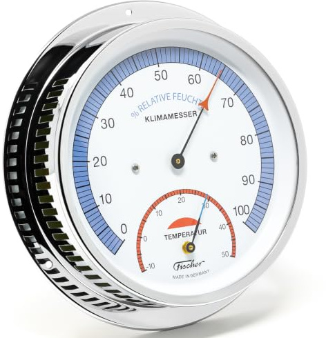 Fischer 5048-47, Klimamesser für Innen, Messing, Thermohygrometer | Haar-Hygrometer und Bimetall-Thermometer, Messbereich 0-100 % r. F. und -10-50 °C, 155mm Durchmesser, Made in Germany