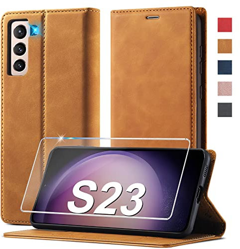2023 Upgraded Handyhülle für Samsung Galaxy S23 Hülle Leder [Mit S23 Schutzfolie] für Samsung Galaxy S23 5G Hülle Klappbar Leder Flip Wallet Stoßfeste Case Schutzhülle Klapphülle für Samsung S23 Hülle