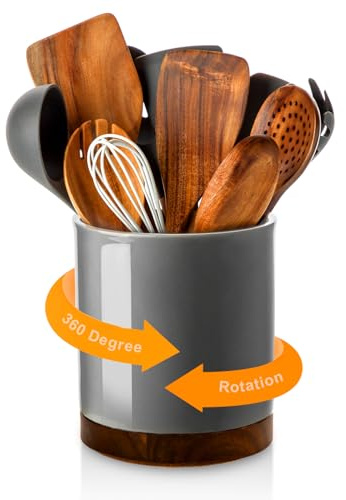 Nucookery 360° Rotating Utensil Holder, 7.2 Large Crock, White Ceramic Cooking Organizer With Countertop-Protection Cork Bottom for Farmhouse Kitchen Decor Gift (Gray)