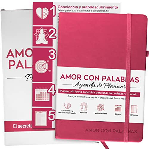 AMOR CON PALABRAS - Kalender 2023 Farbe Magenta Objektive mit Wochenansicht - A5 Wochenplaner 2023 2024 Wochenansicht - Wochen- und Monatsplaner, ohne Datum, inspiriert Produktivität
