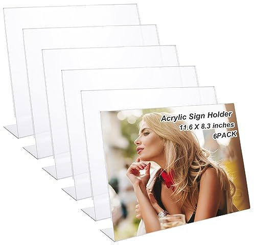 SHUESS 6 Pcs A4 Acrylic Sign Holder - Landscape Display Stand - 11.6 x 8.3 Inches Slanted Perspex A4 Menu Sign Holders - Leaflet Menu Poster Display Stands, 297 x 210 mm