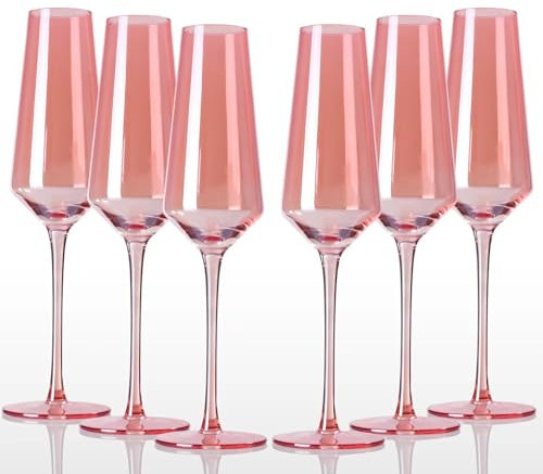 comfit 8.5oz Pink Champagne Flutes Set Of 6 - Colored Champagne Glasses Stemmed Coupes Reusable Wedding Toasting Glasses - Rose Bride Wine Glasses For Party Birthday,Wedding