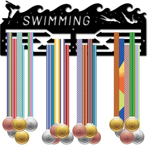 CREATCABIN Schwimm-Medaillenaufhänger,Medaillenhalter,Rack,Sport,Metall,Zum Aufhängen,Eisen,Wandhalterung,Rahmen,Dekor,Trapezförmige Haken Für Abzeichen,Rennläufer,Medaillengewinner,Schwarz,40x15cm