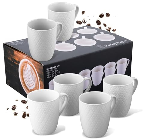 Stanley Rogers 6-teiliges Tassen-Set – Kaffeetassen in modernem Rautendesign – Hochwertiges New Bone Material in Weiß – Perfekt für Heißgetränke wie Kaffee, Tee oder Kakao – 340 ml Volumen
