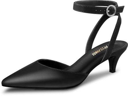 PIZZ ANNU Kitten Heel Shoes for Women Low Heel Pointed Toe Court Shoes for Women Ankle Strap Wedding Shoes for Bride Size 6 Black