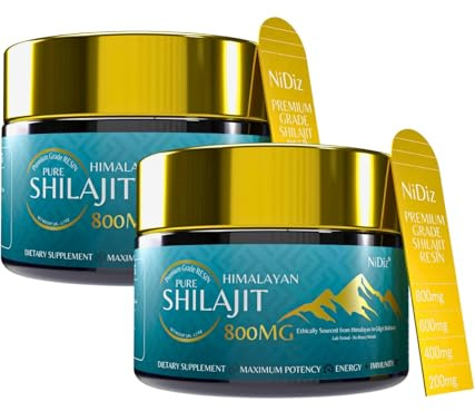 NiDiz Resina di Shilajit Himalayano 800mg, 5 in 1 con Erbe, 2x50g | Ashwagandha, Lion's Mane, Maca, Tribulus Terrestris; testato in laboratorio in Europa, resina pura senza additivi