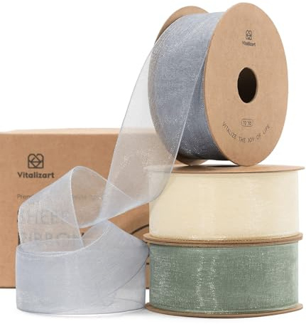Vitalizart Organzaband Weiß & Blau & Grün 2,5cm x 27,4m für Basteln | 3 Rollen x 9,1 m, Breite Tüllbänder aus Stoff für Geschenkverpackung, Weihnachtsbaum, Dekoration, Hochzeitseinladungen