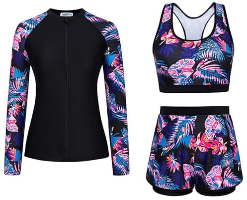 JASAMBAC 3-Teiliger Rash Guard Set Badeanzug Damen Bauchweg Langarm Badeshirts Bikini Oberteil Und High Waist Badeshorts Reißverschluss Bademode Surfanzug Sport Schwimmanzug