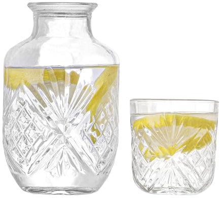 Kitchenexus Bedside Water Carafe and Cup Set, 20oz Glass Pitcher and 5.4 Oz Cup, Glass Water Jug Juice Pitcher with Tumbler for Bedroom Nightstand - Sword Pattern