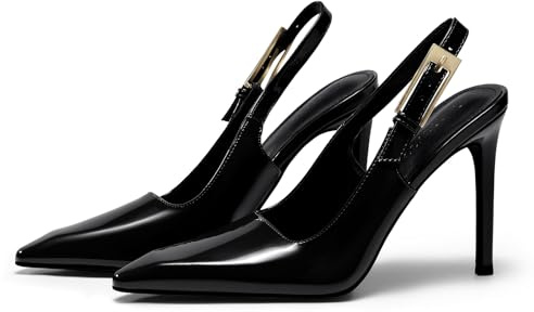 Coutgo Women's Slingback High Heels Pointed Toe Stilettos Metal Buckle Dress Party Pump Shoes, Black, Size 8