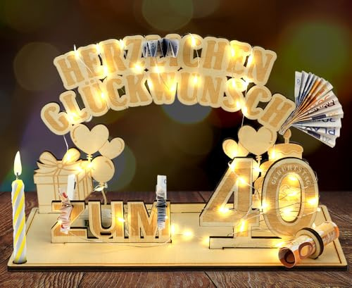 HOTUT Holz Schild Gästebuch, 40 Geburtstag Geschenk Frauen & Männer, Geldgeschenke Geburtstag 40 mit LED Lichterkette Ständer, 40 Geburtstag Jubiläum, Geburtstag Deko, Personalisierbares Geschenk