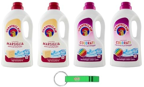 4x Chanteclair Lavatrice Testpaket Marseille + Colorati - Flüssigwaschmittel für die Waschmaschine - Waschmittel 28 Wäschen 1260ml + Beni Culinari Kostenloser Schlüsselanhänger