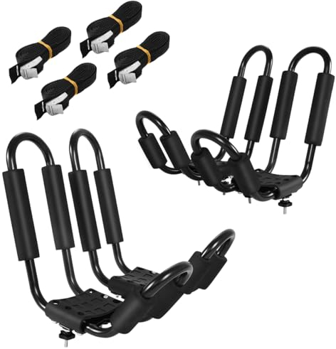 SOARS Galerie de Toit Universelle pour Kayak 4 Pièces 36 X 20 X 15 CM, Porte Bagage Voiture Sûr et Stable en Forme de J, Rembourrage en Mousse, 4 Sangles, Charge 75 KG, pour Kayak, Ski, Valise, Noir