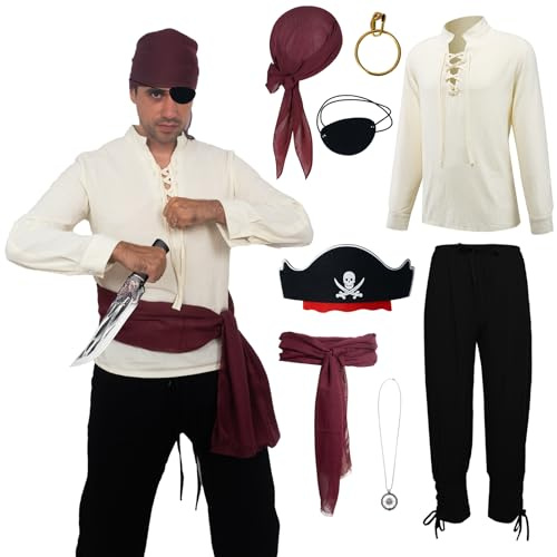 OPAEHJF Piratenkostüm Set,8 Stück Mittelalter Kleidung Herren mit Zubehör | Renaissance Hemd Piraten Bandana Schärpe Gürtel für Karneval, Halloween Cosplay Party