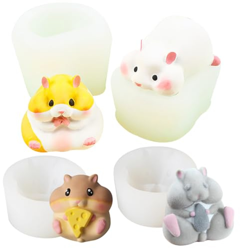 Cjeuxnr 4pcs Small 3D Hamster Shape Silicone Mold Animal Candle Aromatherapy Mold Dessert Mousse Cake for Pastry Brownie Jelly Truffle Pudding Fruit Ice Cream Soap Making Tool, White
