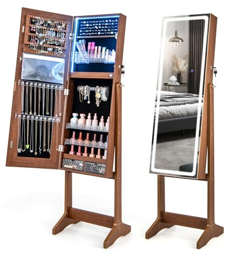 COSTWAY Armoire à Bijoux avec Miroir sur Pieds, Grand Miroir Psyché Sans Cadre avec Éclairage LED 3 Couleurs, Organisateur de Bijoux avec 3 Angles Ajustables, Placard Beauté, Serrure (Noyer)