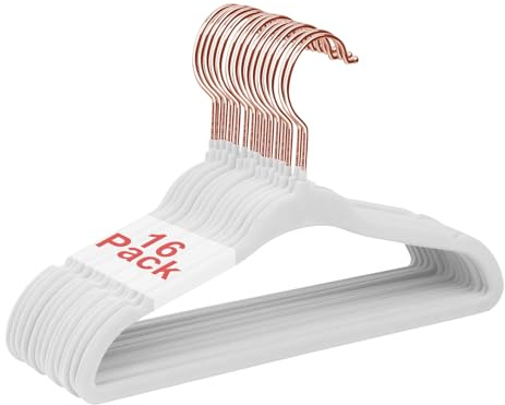 Wellong Perchas de Terciopelo para Ropa de Niños de 28cm, Perchas Antideslizantes para Niños Pequeños y Bebés, 16 Piezas, Color Blanco con Oro Rosa