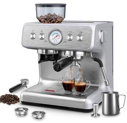 Máquina de café espresso con molinillo incorporado, máquina de café espresso profesional de 15 barras con espumador de leche, máquina de café espresso de acero inoxidable con tanque de agua extraíble