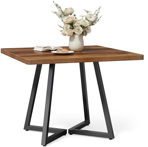 LITTLE TREE Kleiner Esstisch für 4 Personen, quadratischer Esstisch für kleine Räume, Esszimmertische, rustikaler brauner Holz-Küchentisch mit Metallbeinen, moderner Freizeit-Café-Tisch für Wohnung