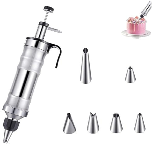 Wjelet Kit de decoración de pasteles de jeringa de glaseado, kit de tuberías de glaseado de acero inoxidable, herramientas de glaseado DIY con 6 boquillas de repuesto para bolsas y boquillas, kit de