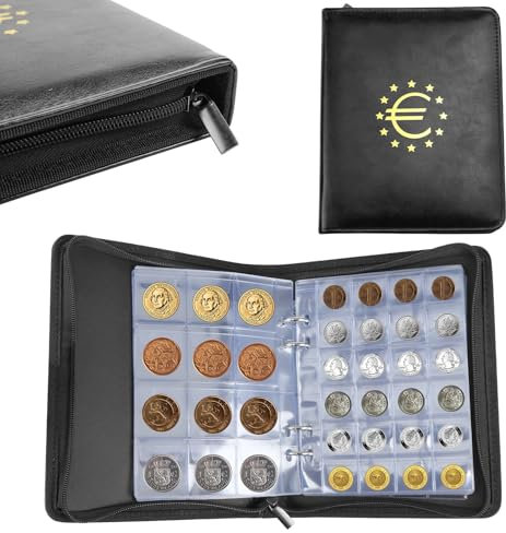 Münzen Aufbewahrung 2 Euro Münzen Sammelalbum 600 Taschen Münzalbum 3 x 3 cm/4 x 4,5 cm Schwarz mit Reißverschluss