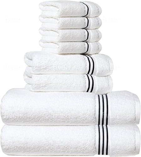 8-Piece Premium Towel Set, 2 Bath Towels, 2 Hand Towels, and 4 Wash Cloths, 100% Ring Spun Cotton Highly Absorbent Towels for Bathroom, Gym, Hotel, and Spa