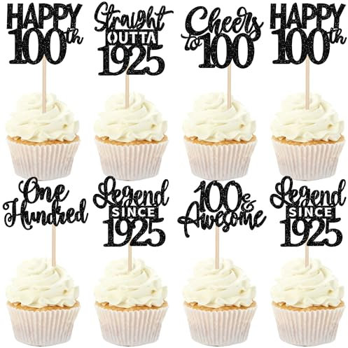 24 Pack 100th Birthday Cupcake Toppers Glitter One Hundred 100 Fabulous Happy 100th Straight Outta 1925 Legend Since 1925 Cupcake Picks for 100th Birthday Party Cake Decorations Supplies