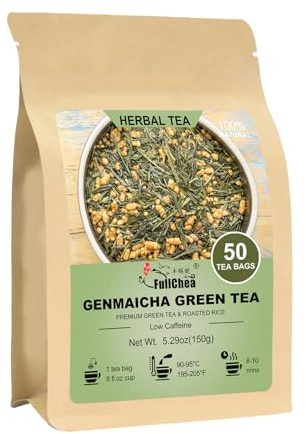 FullChea - Genmaicha Tea bags, 50 Teabags - Genmaicha Green Tea with Roasted Rice, Nutty & Refreshing - Low Caffeine - Soothing & Digestive, Perfect for Daily Relaxation