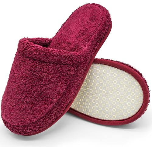 jazzylab Badepantoletten aus Frottee – Gäste-Pantoffeln aus 100% Baumwolle mit Memory Foam, Duschschlappen & Slipper für Sauna, Hotel & Spa, waschbar, rutschfest - Bordeaux, 38-42, BU-1