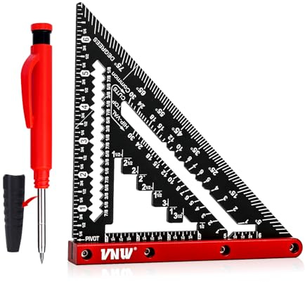 VNW 7inch Rafter Square with Carpenter Pencil, 1/8 Precision Heavy Duty Aluminum Woodworking Rule,Triangle Ruler Measuring Layout Tool (Black, Rafter Square)