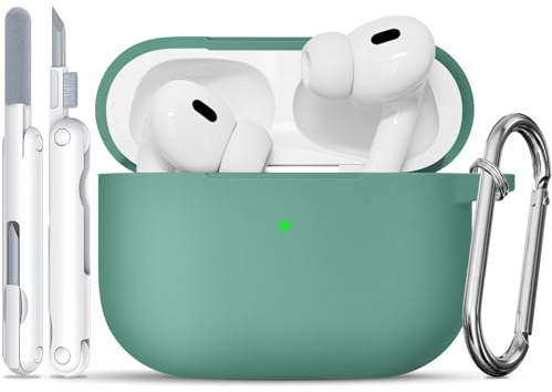 TNSNK Hülle für AirPods Pro 2/1. Gen with Cleaner Kit, Silikon Protection Case for Apple Airpods Pro 2019 (2023 USB-C/Lightning Cable) with Keychain [Support Wireless Charging]-Pine Leaf Green | Weich, leicht, rutschfest, kratzfest, kabelgebunden/kabelloses Aufladen. Reinigungspinsel + Stick.