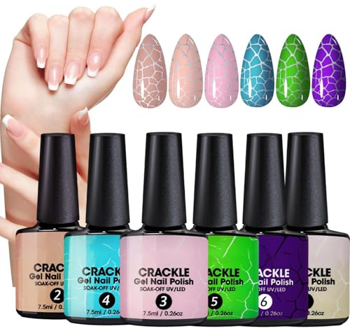 Set de esmalte de uñas de gel de crackle: kit de arte de uñas cambiante de color, esmalte de curado UV | Recolección creativa de manicura de acabado agrietado, prolongado de larga duración pigment