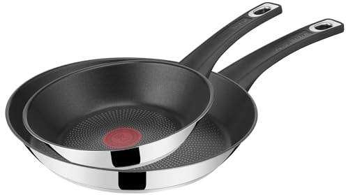 Tefal Jamie Oliver Everyday E3212S55 Set of 2 Stainless Steel Non-Stick Induction 20/26 cm Frying Pans, Even Heat Distribution, Superior Non-Stick Coating, Heat Indicator, Riveted Handle