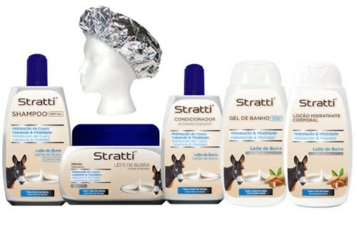 Pack mantenimiento Stratti Leche de Burra, Retinol & Keratina 6 productos - Champú + Mascarilla + Acondicionador + Gel de baño + Loción corporal + Gorra térmica