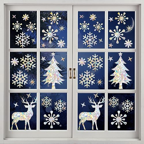 Weihnachts Schneeflocke Fensterklammern, 2 Blätter Iridescent statische Fenster Aufkleber, nicht klebende prismatische Anti-Kollision Fenster Regenbogen Aufkleber für Glas, Kinderzimmer