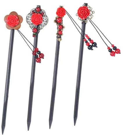 4 unidades de palillos chinos para el pelo para mujer, accesorios de palillos japoneses de madera, pinzas de cereza de madera roja, hechas a mano, disfraz de geisha para niñas, pelo largo (rojo)