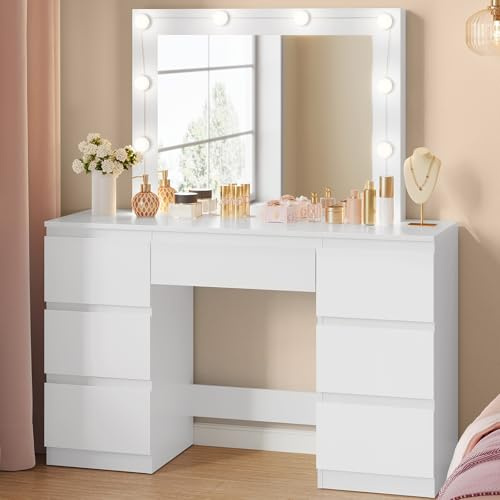 WOLTU Coiffeuse avec Miroir LED à Luminosité Réglable, Table de Maquillage avec 7 Tiroirs, Grand Espace de Rangement, Meuble Coiffeuse Moderne pour Chambre, 107 x 40 cm, en Bois, Blanc