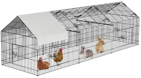 Hühnerstall aus Metall, 330 x 100 x 100 cm Freilaufgehege mit Sonnenschutzdach und 5 Tür, Hühnergehege Freilauf Groß mit Riegel, Wetterfestes Freigehege für Hühner Kaninchen Enten Kleintiere Pflanzen