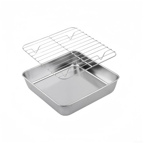 Honseadek Bandeja de acero inoxidable para hornear con estante de enfriamiento, pavo asado al horno, alas de pollo y verduras, para hornear en cocina y barbacoa, diseño cuadrado (20 cm)