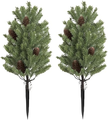 23.62 inch Artificial Cedar Topiary Trees with Ground Spike, Set of 2 U Resistant Fake Evergreen Bushes Shrubs Trees Artificial Plants Realistic Faux Cypress Plants for Indoor Outdoor Front Porch