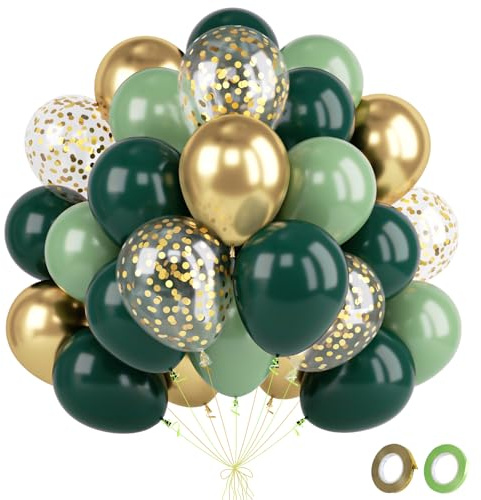 Fairymaiden Sage Green And Gold Balloons- 60Pcs Gold Dark Green Ballons With Metallic Confetti Balloons, Helium Balloon For Jungle Theme Party Decorations Birthday Engagement Baby Shower, 12Inch