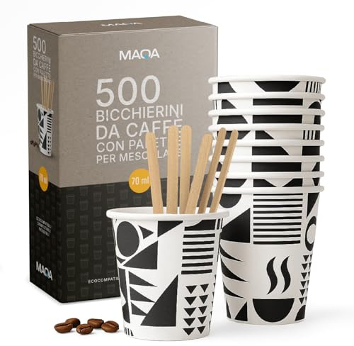 MAQA - 500 Bicchierini Caffè Carta + 500 Palette Caffè Comprese, 70ml, COMPOSTABILI – Bicchieri Caffe Monouso Ecologici, Resistenti al Calore, Ideali per Espresso, Casa, Eventi e Ufficio