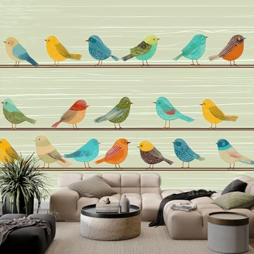 Carta da Parati Panoramica Carino Cartone Animato Animali Uccelli, Verde Chiaro Carta da Parati Murale 150 x 105 cm (L x A) – Fotomurale Per Soggiorno Camera da Letto Dei Bambini E Studio