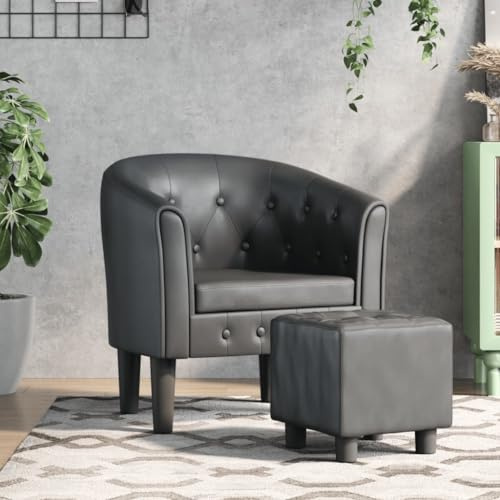 WEMYUFURN Moderner Clubsessel mit Fußhocker Grau Kunstleder PU-Leder Sessel mit Knopfheftung für Wohnzimmer Büro Elegantes Design Bequeme Polsterung Stabiles Holzgestell