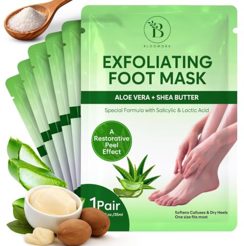Exfolierande fotmask (6 st) - återfuktande fotpeeling med sheasmör och aloe vera, exfolierande strumpor för torr och skadad hud, reparerande vård för män och kvinnor, fotskalmask