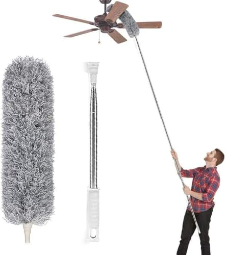 2.8m Telescopic Microfiber Duster with Extendable Stainless Steel Pole, High Ceiling Fan, Cobweb and Blind Cleaning Tool, Bendable Washable No Scratch Duster for Home Use
