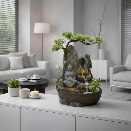 Wacredo Premium Tischwasserspiel Komplettset Buddha 26 x 25 x 32cm | Zimmerbrunnen Tischbrunnen Table-Top für Wohnraum natürlich traditionell religiös mit 2X LED Spot