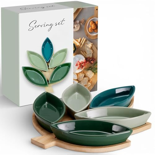 MIJOMA Servierset 6-teilig – 5 blattförmige Faience-Schalen auf Bambustablett – grüne Farbwelt für Tapas, Dips und Snacks