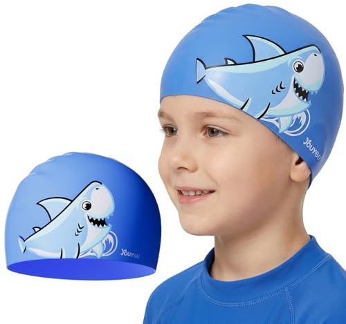 Kids Swimming Cap for 4-13 Years, Waterproof Silicone Swim Hat | Comfortable Anti-Slip Bathing Cap for Swimming Lessons & Pool (Shark)