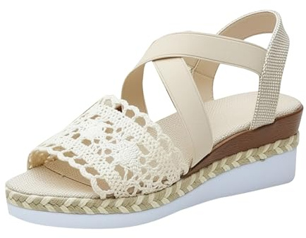 Generiska damsandaler remmar, damsandaler med klack, eleganta Slingback kilsandaler i nät remsandaler mjuk fotbädd kilsandaletter lätta sandaletter bekväma fritidsskor, Beige, 40 EU